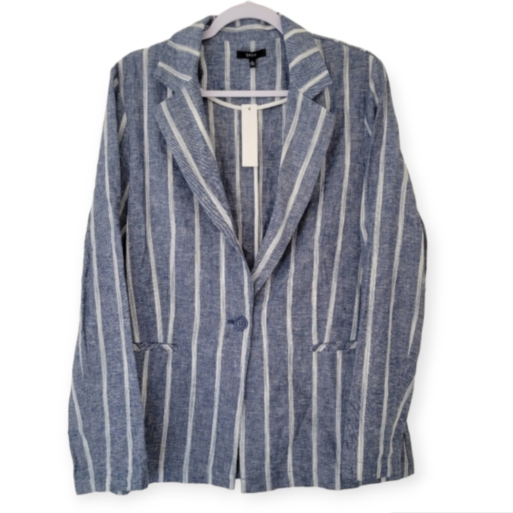 Anthropologie Drew Linen Blend Denim Stripe One Button Blazer‎ Jacket L